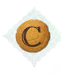 graphic of a chocolate chip cookie with a chocolate copyright symbol as a decoration