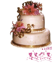 Photograph of two tiered cake with pink lilies.