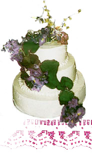 Photograph of brides cake trimmed with garland of irises and orchids. Click on image to access grooms cake.