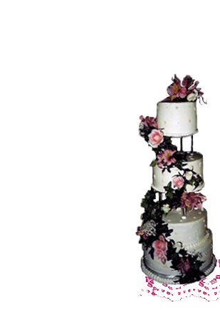 Photograph of a four tiered wedding cake with separators and a garland of real flowers.