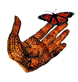 Click on this image of a  digitally enhanced image of a monarch butterfly sitting on a hand that is decorated with henna.